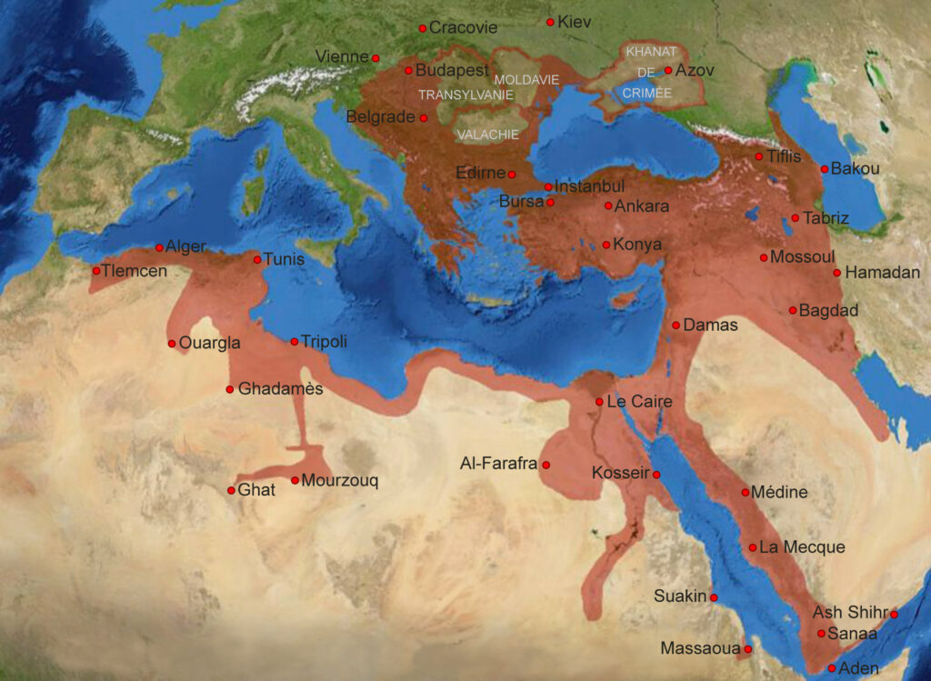L'Empire ottoman à son apogée, vers la fin du XVIe siècle (1600).