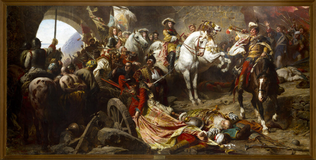 Reprise du château de Buda en 1686, par Charles V duc de Lorraine (à cheval à gauche) et Eugène prince de Savoie (à cheval à droite). Huile sur toile de Benczúr Gyula (1896) exposée à la galerie nationale hongroise, Budapest. Crédits : Creative Commons.