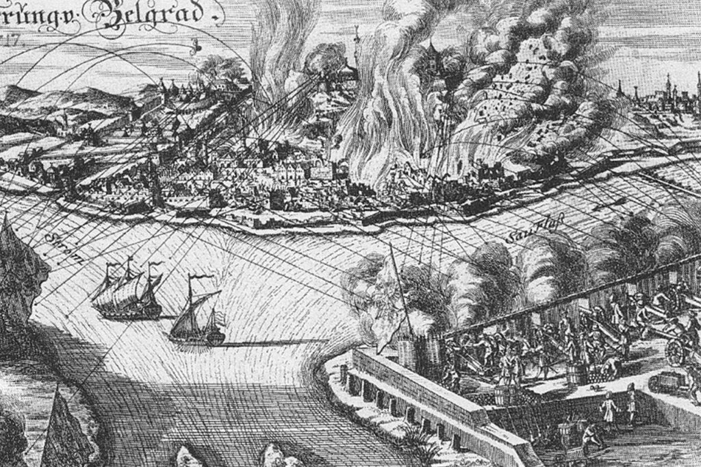 Le siège de Belgrade, 1717. Anonyme. Gravure exposée à la Österreichische Nationalbibliothek, Wien.