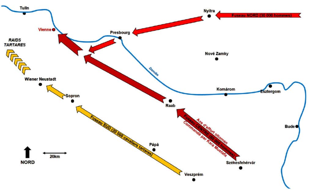 Au sud, 20 000 cavaliers tartares protègent le flanc des troupes sur l’axe Pápa-Sopron-Wiener Neustadt et lancent des reconnaissances en profondeur en Basse-Autriche...