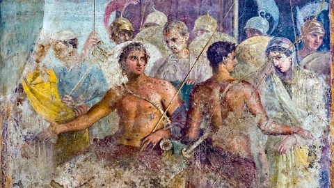 Achille contraint de céder Briséis à Agamemnon, fresque de la maison du poète tragique à Pompéi. Musée archéologique national de Naples. Photo : ArchaiOptix (CC BY-SA 4.0)